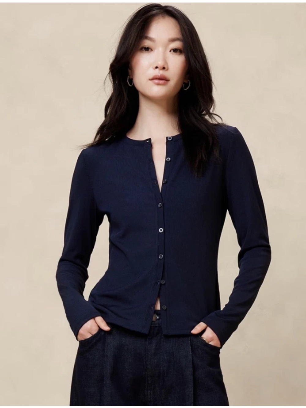 BANANA REPUBLIC Navy Blue Merino Wool Ribbed Sweater Cardigan Top Preppy Sz M